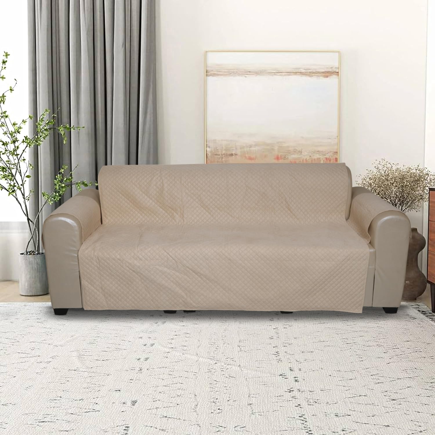 A.P HANDLOOM Sofa Slipcover 1-Piece Sofa Cover Furniture Protector Couch Soft with Elastic Bottom for Kids, Holland Velvet Fabric Small Checks (Light Cream) (4 Seater) (Width -90 Height -72) (B0D8X7BT3J) Amazon Price History, Amazon Price Tracker