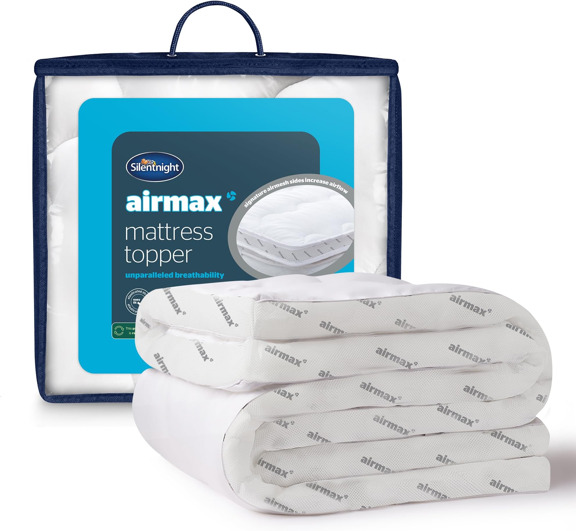 Silentnight Airmax Mattress Topper - Deep Thick Best Mattress Toppers Pad Breathable Cooling Soft Comfy Plump for Home Sofa Bed Caravan - Machine Washable Hypoallergenic Bed Toppers, White, Super King