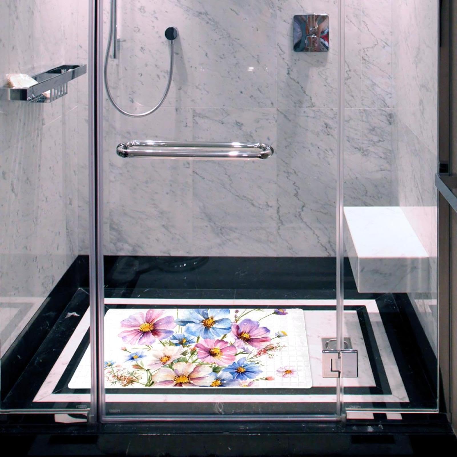 Badematte für die Badewanne, Motiv: Aquarellstrauß mit bunten Wildblumen, rutschfest, rechteckig, Duschmatte mit Saugnäpfen, maschinenwaschbar, Badezimmermatte, 39,9 x 70,9 cm