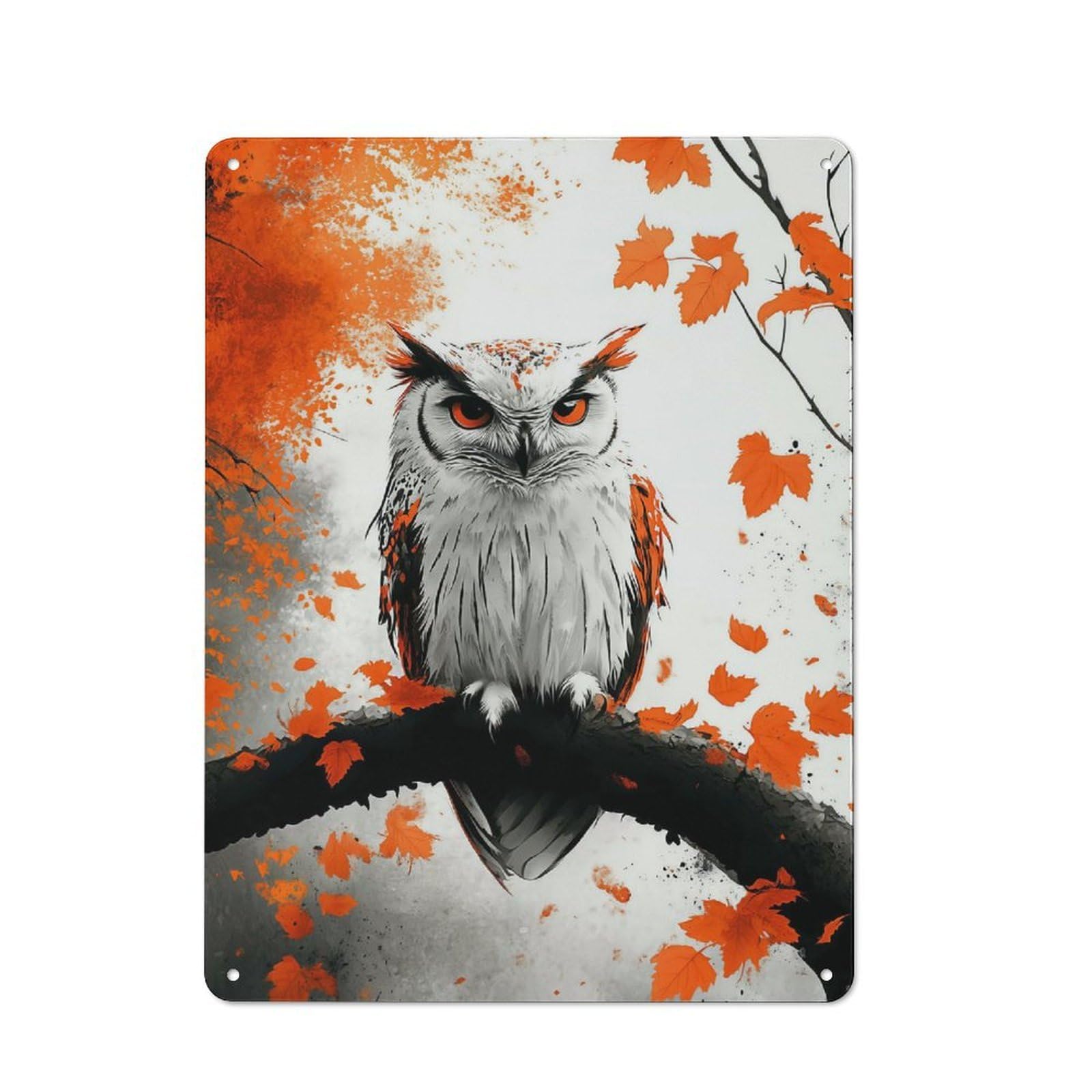 Junmoney Style-8 Owl Perched On Branch With Orange Leaves Printed Metal Sign 40X30cm For Home Office Or Studio, A Housewarming Gift For Fans Of Vintage Interiors