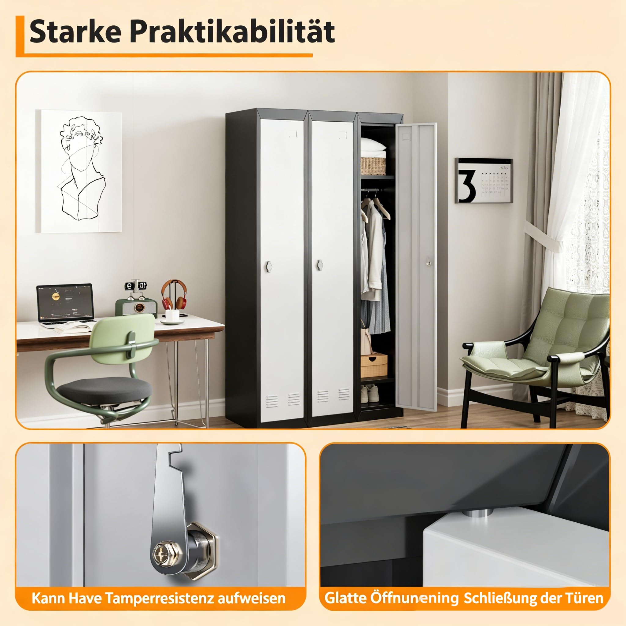 Garvee Spind Metall 180x30.5x45.7cm Stahlschrank abschließbar Garderobenschrank mit Kleiderstange & Lüftungsschlitzen Metallschrank für Büro Garage Schule Keller Umkleideschrank Grau Schwarz