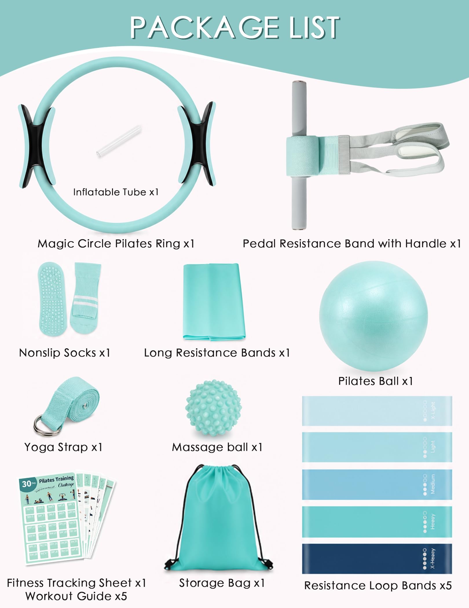 Zestaw pilates Essentials dla kobiet, zestaw do pilatesu do ćwiczeń domowych z pierścieniem do pilatesu, mini piłką, opaską oporową, paskiem do jogi, skarpetkami, torbą, sprzętem do pilatesu dla