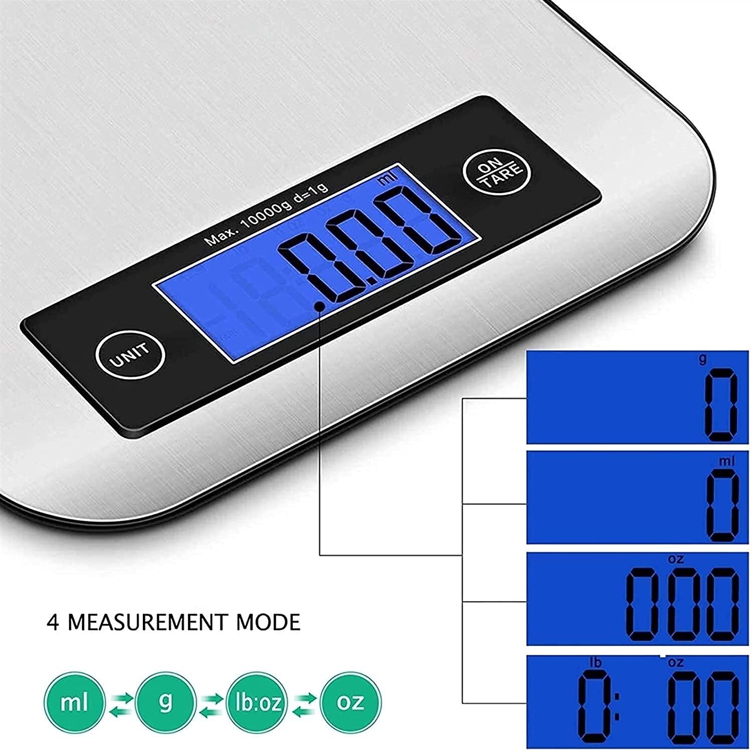 Lebensmittelwaage, 15 kg, digitale Küchenwaage mit 1 g präziser Skalierung, 4 Einheiten LCD-Display-Skala zum Kochen/Backen in G, oz, ml und lb, leicht zu reinigender Edelstahl und gehärtetes Glas