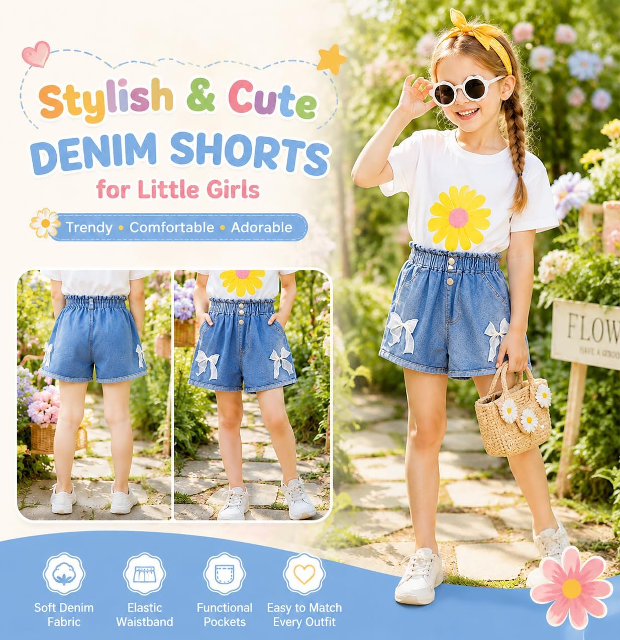 IEDWEI 4 Pack Girls Denim Shorts with Pockets & Elastic Waist-Cute Summer Girls Jean Shorts for Casual & School (6-8Y)