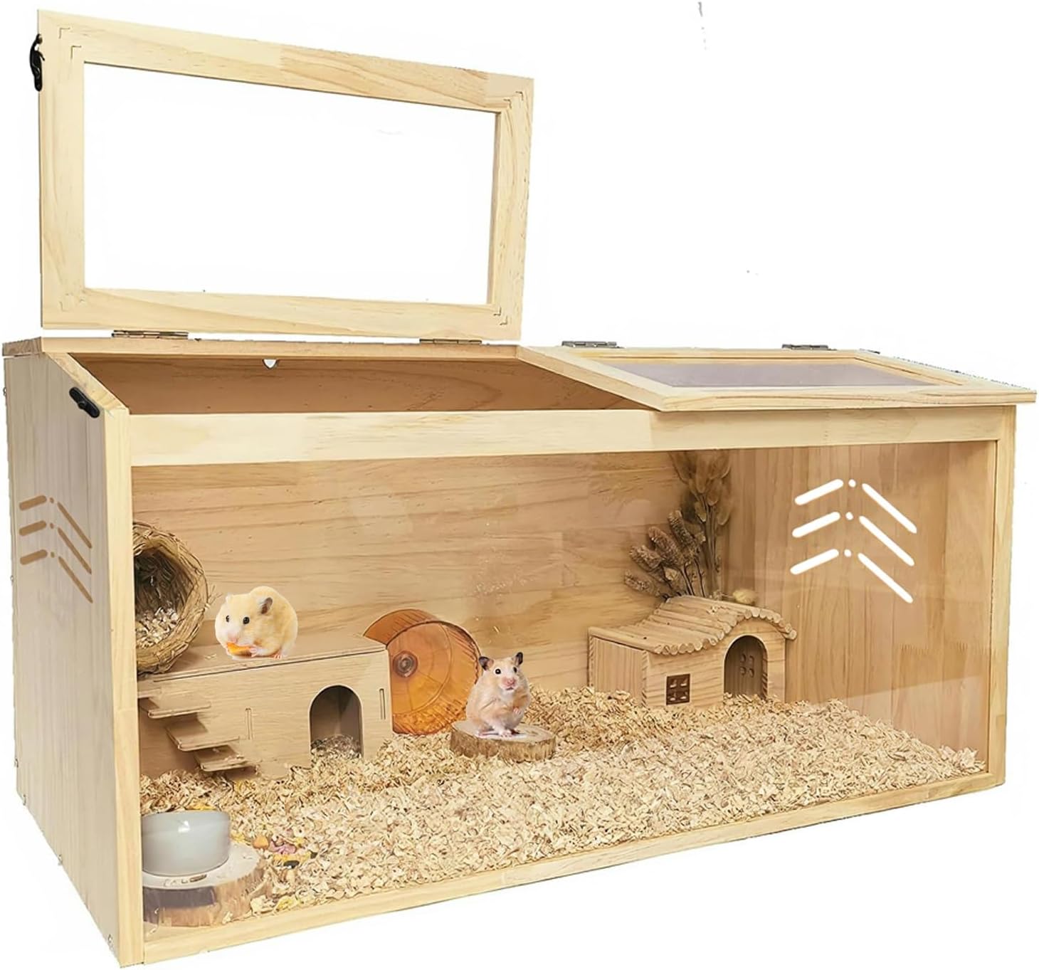 Wooden Hamster Cage, Large Hamster Habitats Enclosure Tank with Lock, Acrylic Sheet & Openable Top, Small Animal Cage for Chinchilla, Guinea Pig, Gerbil 40'' l