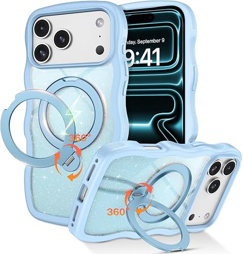 QuantumKoo for iPhone 17 Pro Max Case with 360° Magnetic Stand, Clear Glitter Cu