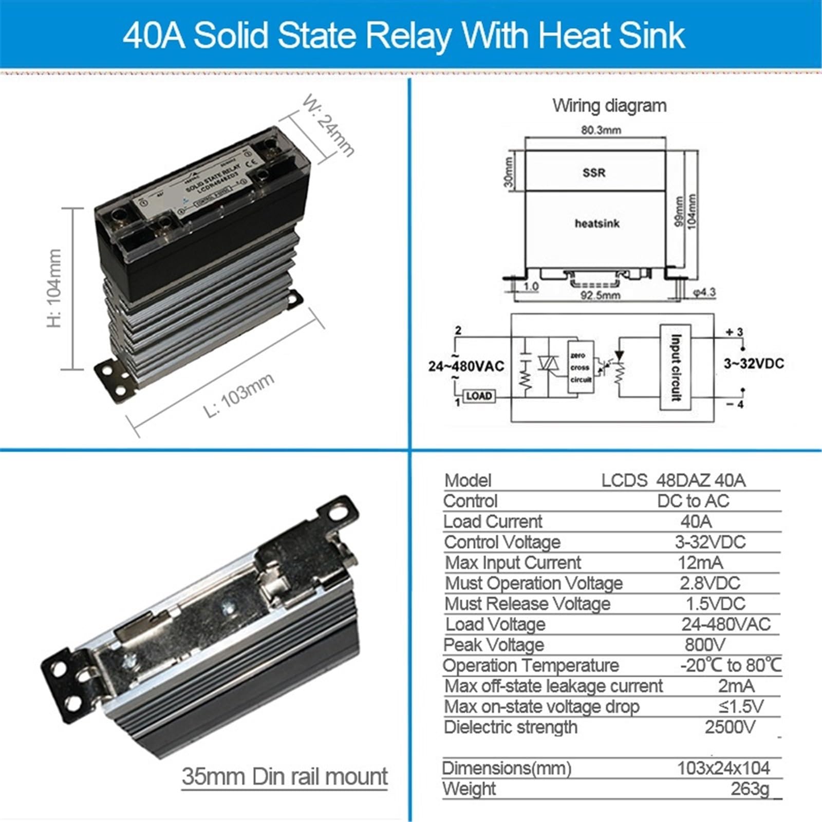 Relé Industrial SSR con disipador de calor, relé de estado sólido montado en Riel DIN, CC a CA, 10A, 25A, 40A, 60A, 80A, 100A, 120A, 1 Uds.(DC-AC 100A)
