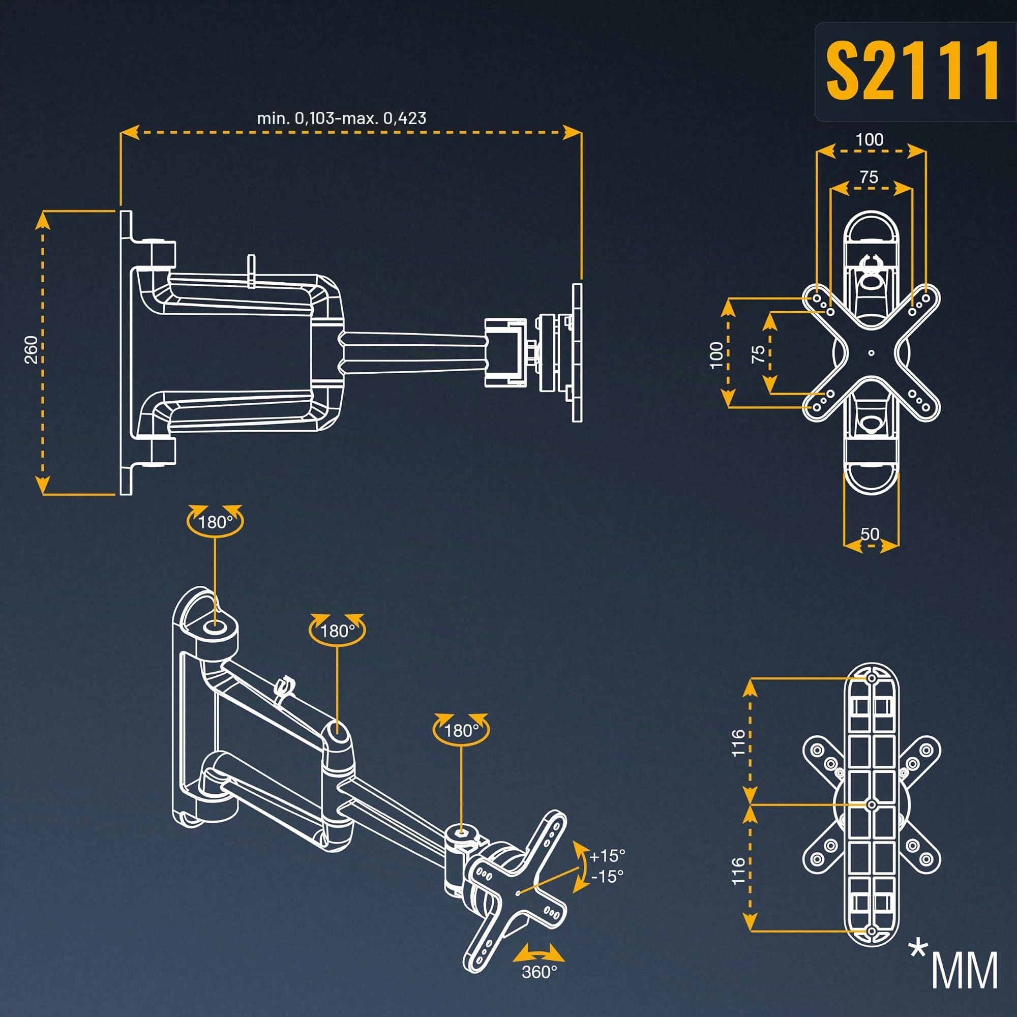RICOO S2111 Support Mural Écran PC TV 13 17 19 22 24 27 28 32 34 Pouces VESA 75x75 100x100 Orientable Inclinable Universel Fixation Murale QLED OLED LED LCD Écran incurvé