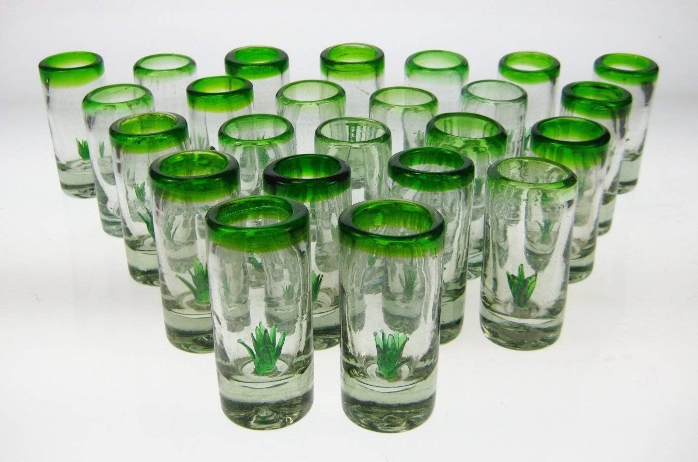 Mexican Shot Glasses, 24 Agave Cactus, Green Rim, Hand