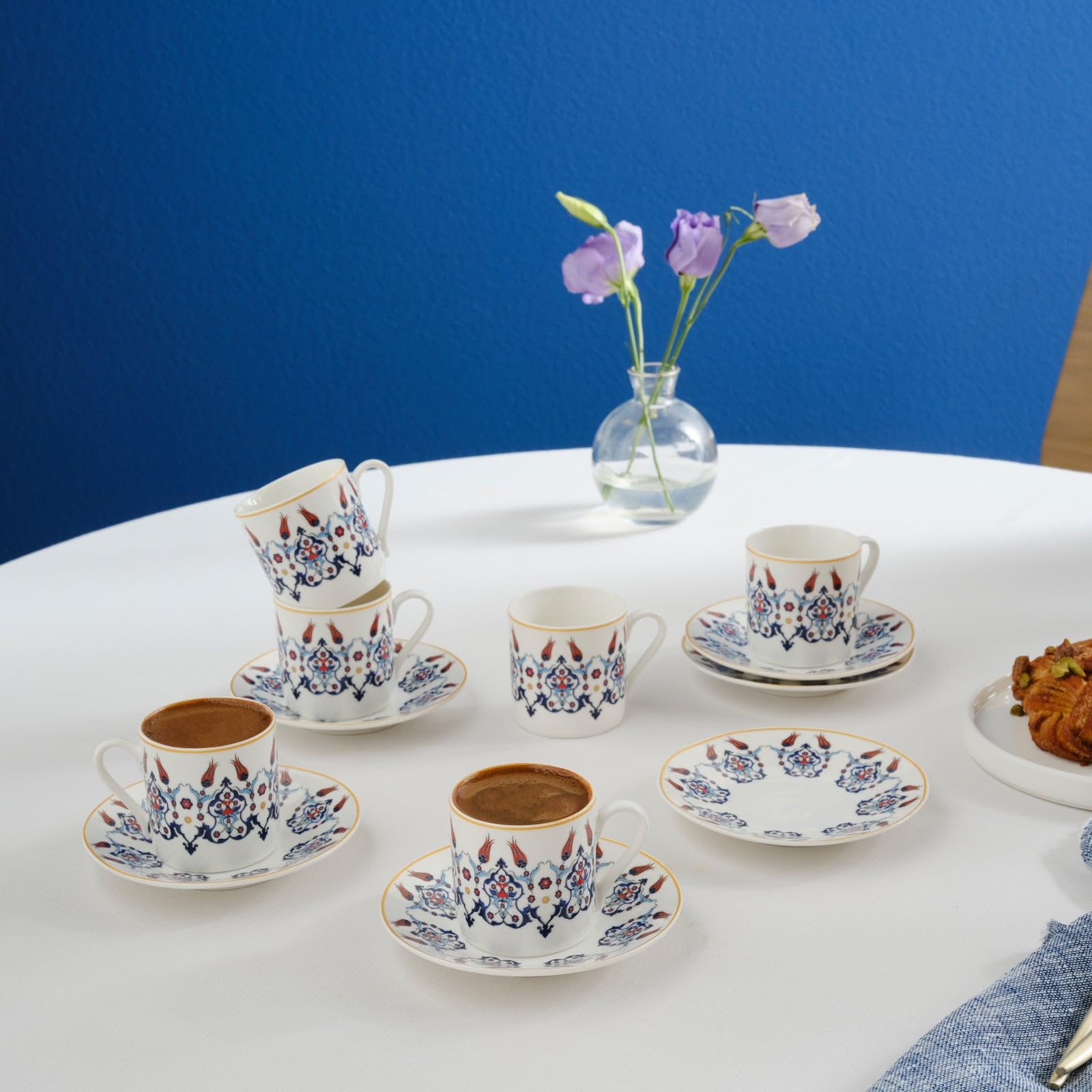 KARACA Haliç Mug Set for 6 People, 80 ml, Blue Figure - White, 12 Piece Set - Image 3
