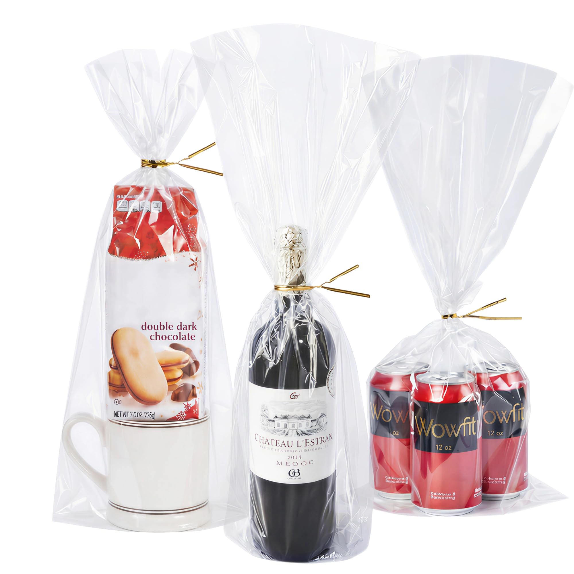 Wowfit 50 CT 9x20 Inches Clear Flat Cellophane Treat Bags with 6" Gold Twist Ties – Large Cello Bags for Wine Bottles, Gifts, Cookies, Mugs, Candies, Party Favors & Wrapping – Sturdy & Crystal Clear