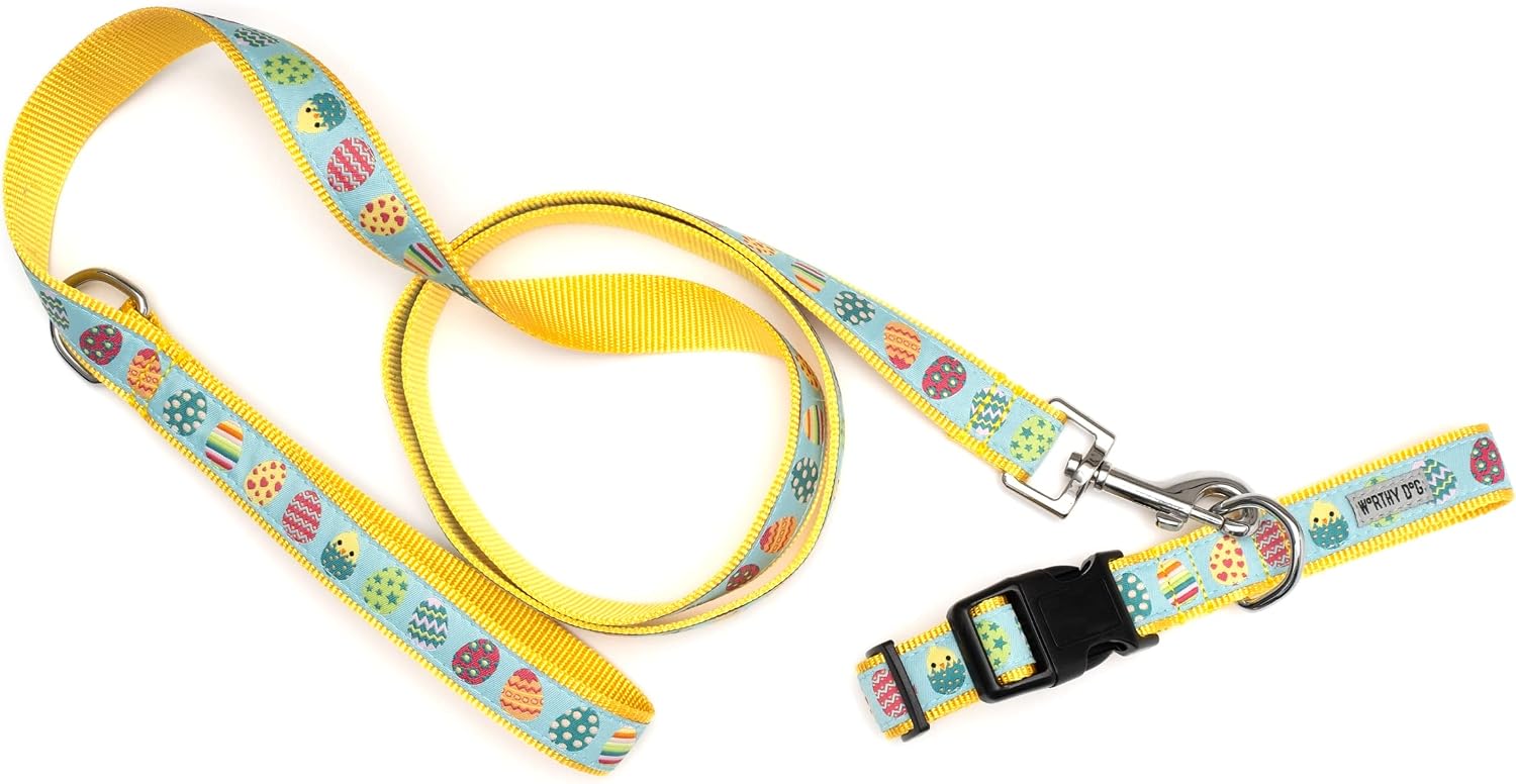 THE WORTHY DOG Fashionable Easter Eggs Leash for Dogs, Woven Ribbon, Solid Nickel Plated D-Ring, Blue, Large