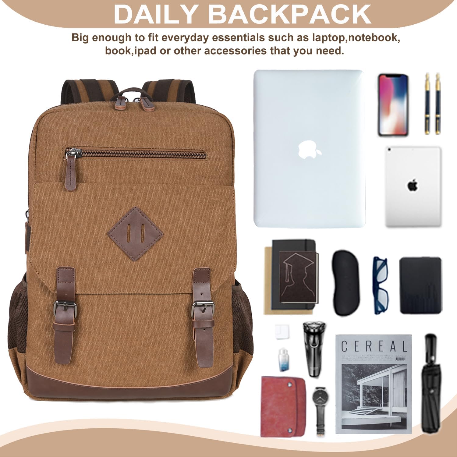 Canvas Vintage Laptop Backpack for Women Men, College Bookbag Fits 15.6 Inch Laptop (Coffee-Upgrade)