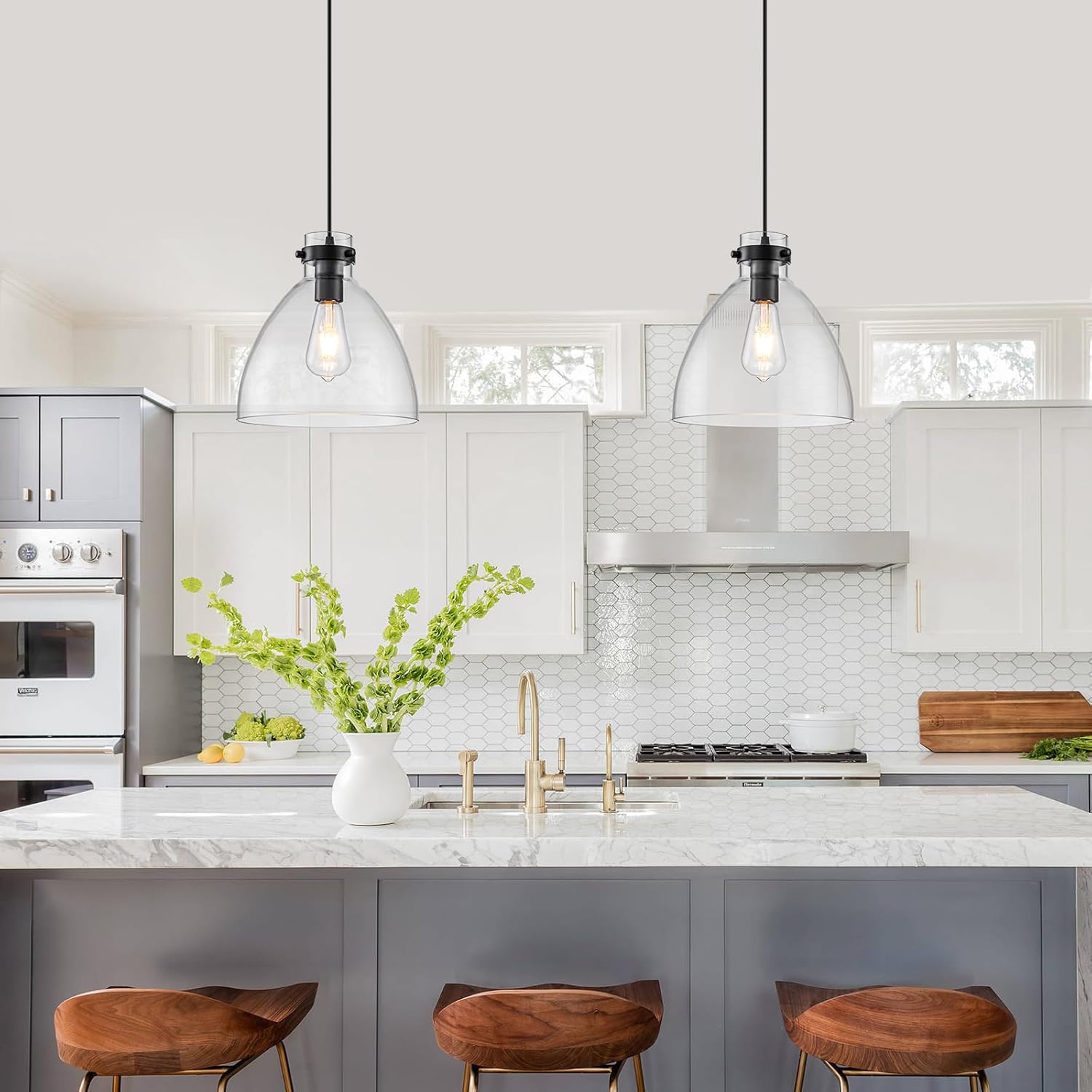 WILON Pendant Lights, Pendant Lights Kitchen Island, 1-Pack Black Farmhouse Pendant Light Fixtures with 9.8" Round Glass Shade for Dining Room Over Table Sink Bar Foyer