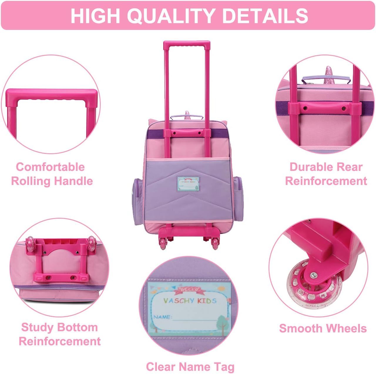 VASCHY Rolling Luggage for Kids, Cute Travel Carry on Suitcase for Girls/Toddlers/Children with Wheels 18inch Unicorn - Image 6