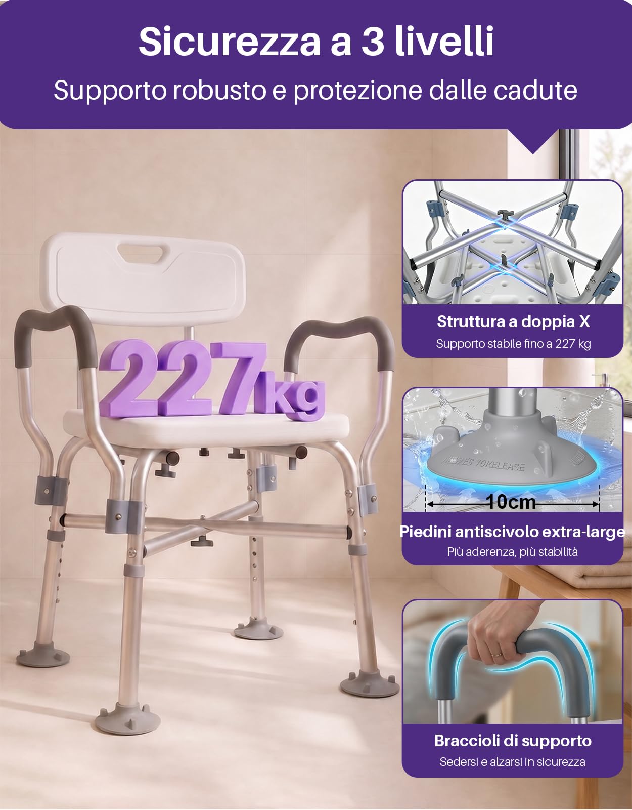 KEKOY Regolabile Sedia per Doccia Anziani - con Braccioli e Schienale