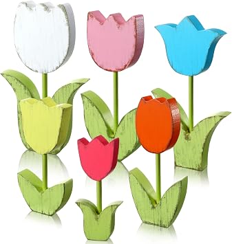 Kigley 6 Pcs Retro Spring Tulips Wood Signs Rustic Farmhouse Tulip Table Centerpiece Multicolor Floral Block Tabletop Signs Spring Decoration for Home Mantel Table Tiered Tray Decor