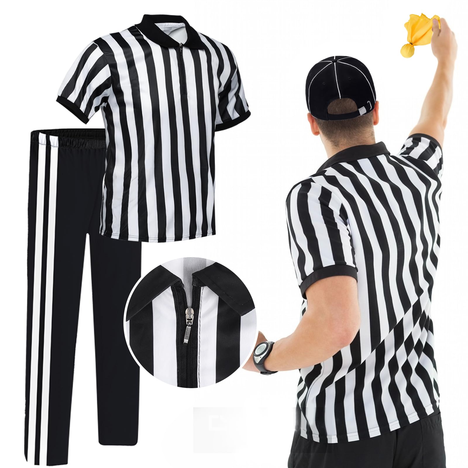 Mprocen Costume d'arbitre 5 pièces pour homme - Chemise d'arbitre officielle - Chapeau de sifflet jaune - Drapeau de pénalité pour football