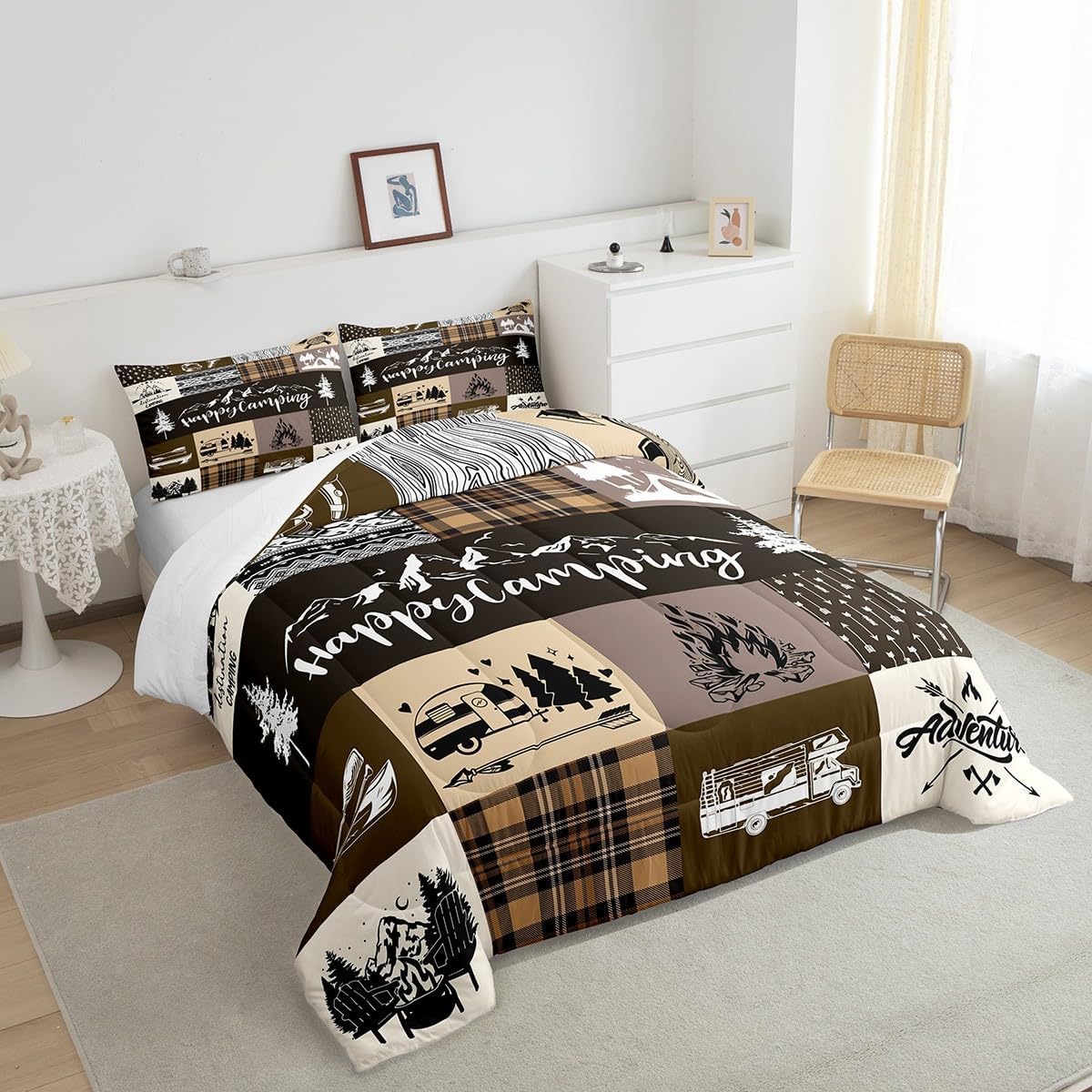 Castle Fairy Happy Camping Comforter Set Queen Size,RV Camper Adventure Tent Patchwork Bedding Set for Women Adult,Rustic Farmhouse Lake Cabin Brown Check Luxury Bed Duvet Insert, 2 Pillowcases
