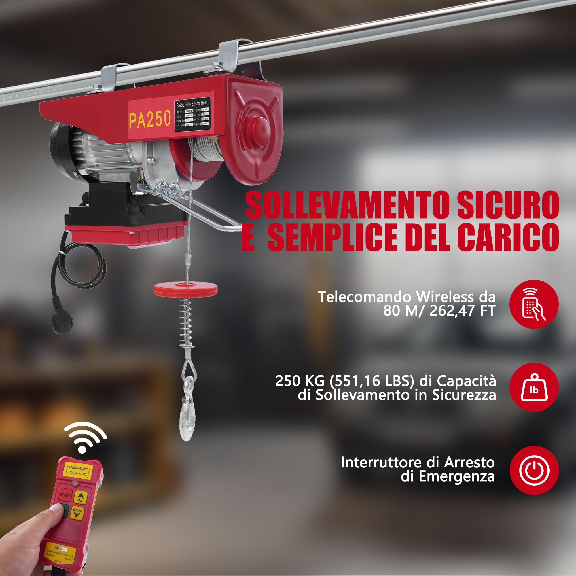 Montacarichi da Balcone, Paranco Elettrico con 80m Telecomando Wireless e Braccio Girevole Oscillante Rotante, 12m di Altezza, per Carichi 125kg/250kg, per Garage Magazzino Fabbrica