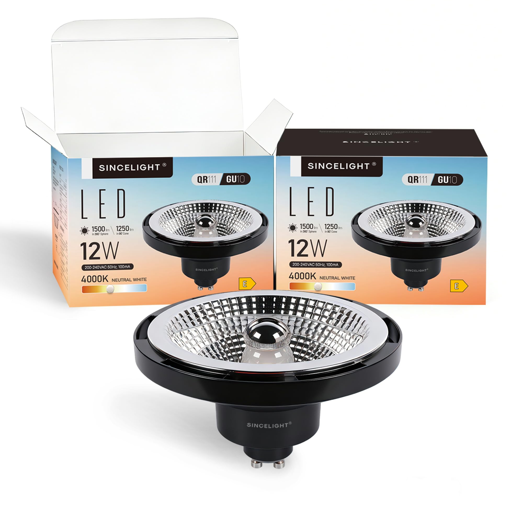 SINCELIGHT GU10 LED Light Bulbs, 12W QR111 Reflector, Professional Anti-Glare AR111 Spotlight, 45 Degree Beam Angle, Neutral White 4000K, Pack of 2