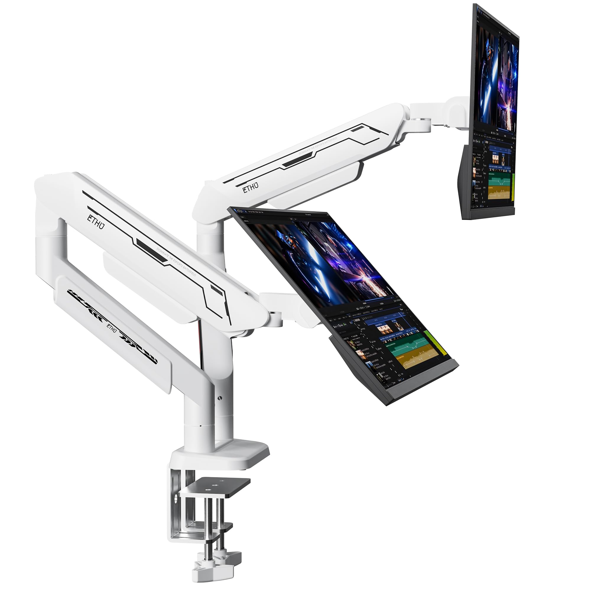 Monitorhalterung 2 Monitore bis 15kg pro Arm, Schwerlast Dual Monitor Arm Weiß Gasdruckfeder für 13-42 Zoll Curved Bildschirm, Ergonomische Doppelarm Halterung VESA 75/100