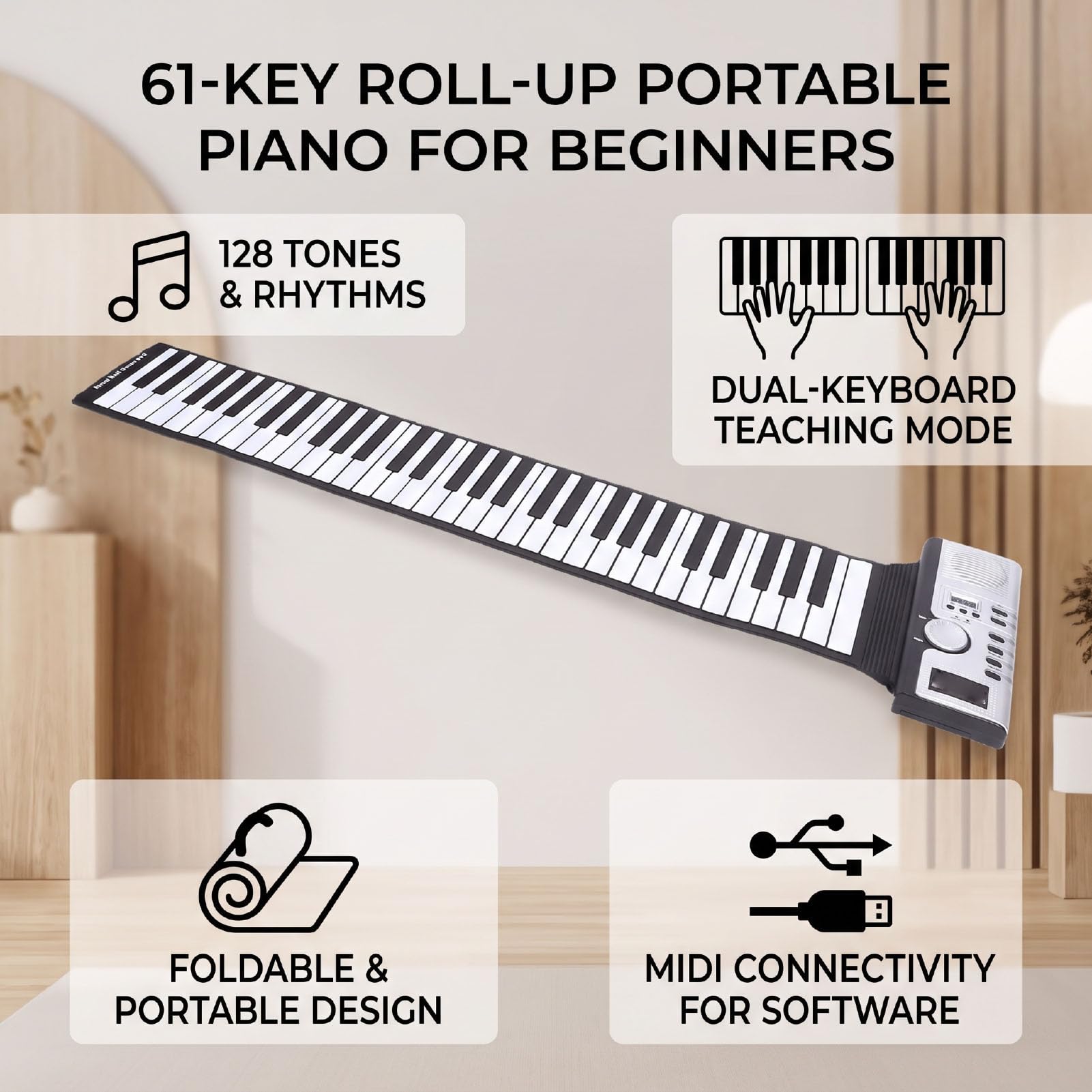 Bewinner Pianoforte Roll Up a 61 Tasti per Principianti con modalità di Insegnamento MIDI