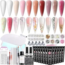 Fcozpjk Kit De Unhas Em Gel Poly Gel Com Luz Uv, 12 Cores, Kit Completo Para Iniciantes Com Gel Construtor, Moldes Duplos, Solução Deslizante, Glitter Grosso, Conjunto Para Design De Unhas.