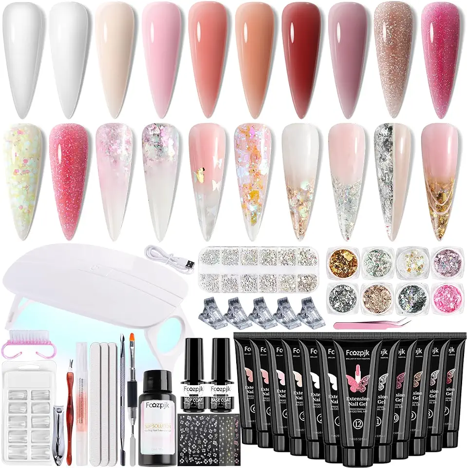 Fcozpjk Kit De Unhas Em Gel Poly Gel Com Luz Uv, 12 Cores, Kit Completo Para Iniciantes Com Gel Construtor, Moldes Duplos, Solução Deslizante, Glitter Grosso, Conjunto Para Design De Unhas.