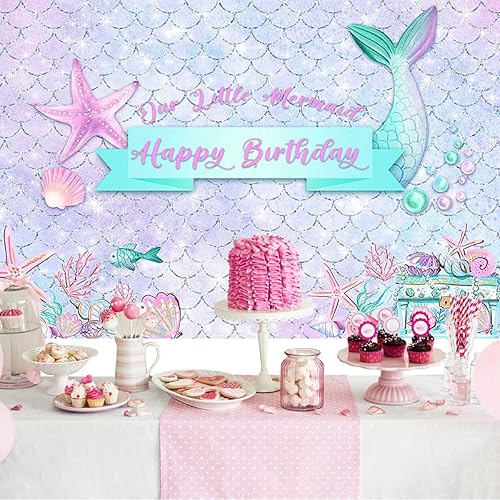 Miniatura 2 de Mocsicka Telón de fondo de sirena de cumpleaños con purpurina púrpura bajo el mar, decoración de fondo para fiesta de cumpleaños para niñas, conchas