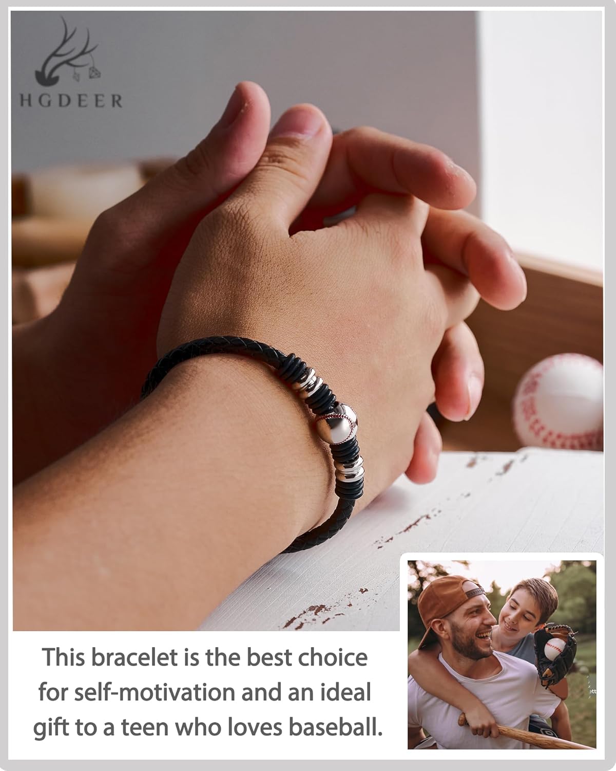 HGDEER Baseball Soccer Bracelet, Black Leather Stainless Steel Charm Baseball Soccer Gifts for 8-16 Year Old Teens, Teams, Son, Grandson Brother Ideas - Image 2