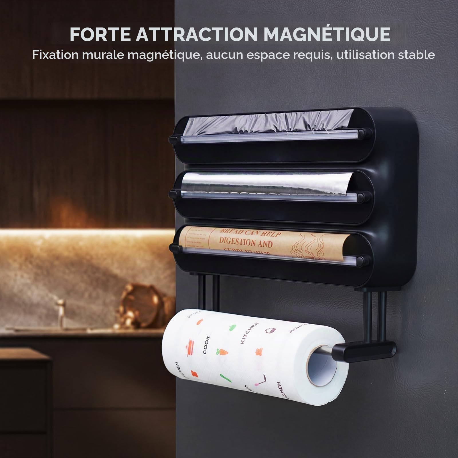 4 en 1 Derouleur Film Alimentaire，Distributeur Film Alimentaire，Distributeur Papier Aluminium et Film-Magnétique et Murale sans Percer (Noir Pur)