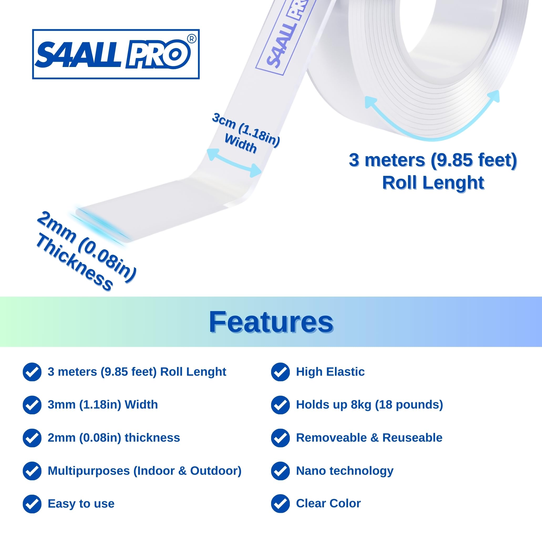 Double Sided Tape Heavy Duty,Mounting Tape With Inch Measurement Marks