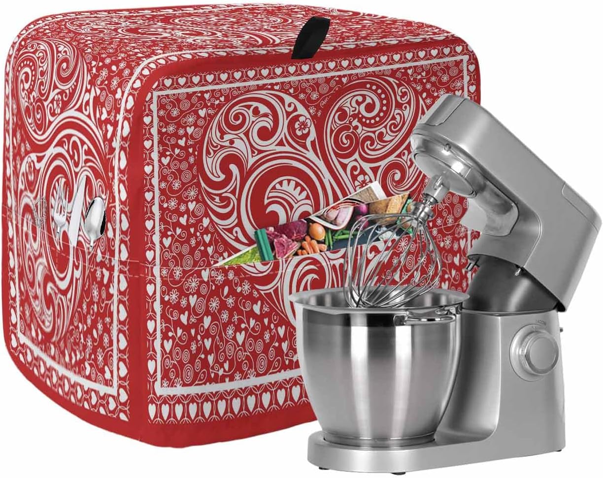 Valentine's Day Stand Mixer Cover with Storage Pocket, Waterproof Kitchen Mixer Covers, Pink Love Rustic Retro Abstract Art Kitchen Appliance Dust Cover Compatible with 4/4.5 Quart Mixers