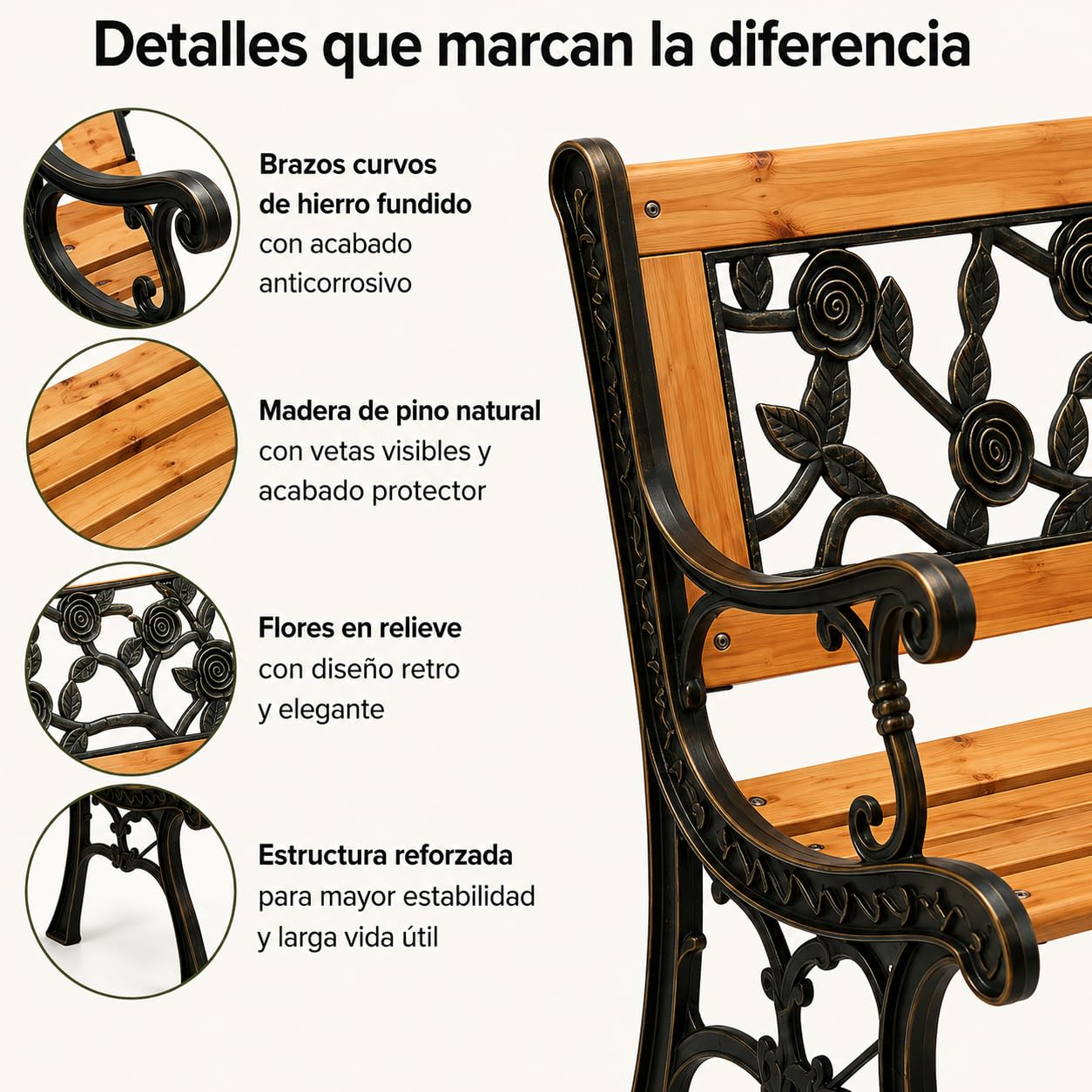Banco de Jardín Exterior Madera Metal 2 Plazas Respaldo Floral Vintage Estructura Resistente