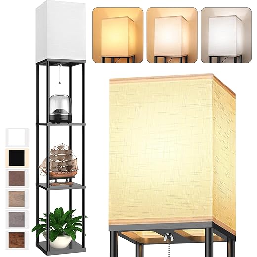 Floor Lamp with Shelves for Living Room, Shelf Floor Lamp with 3 CCT LED Bulb, Corner Display Standing Column Lamp Etagere Organizer Tower Nightstand with White Linen Shade for Bedroom, Office