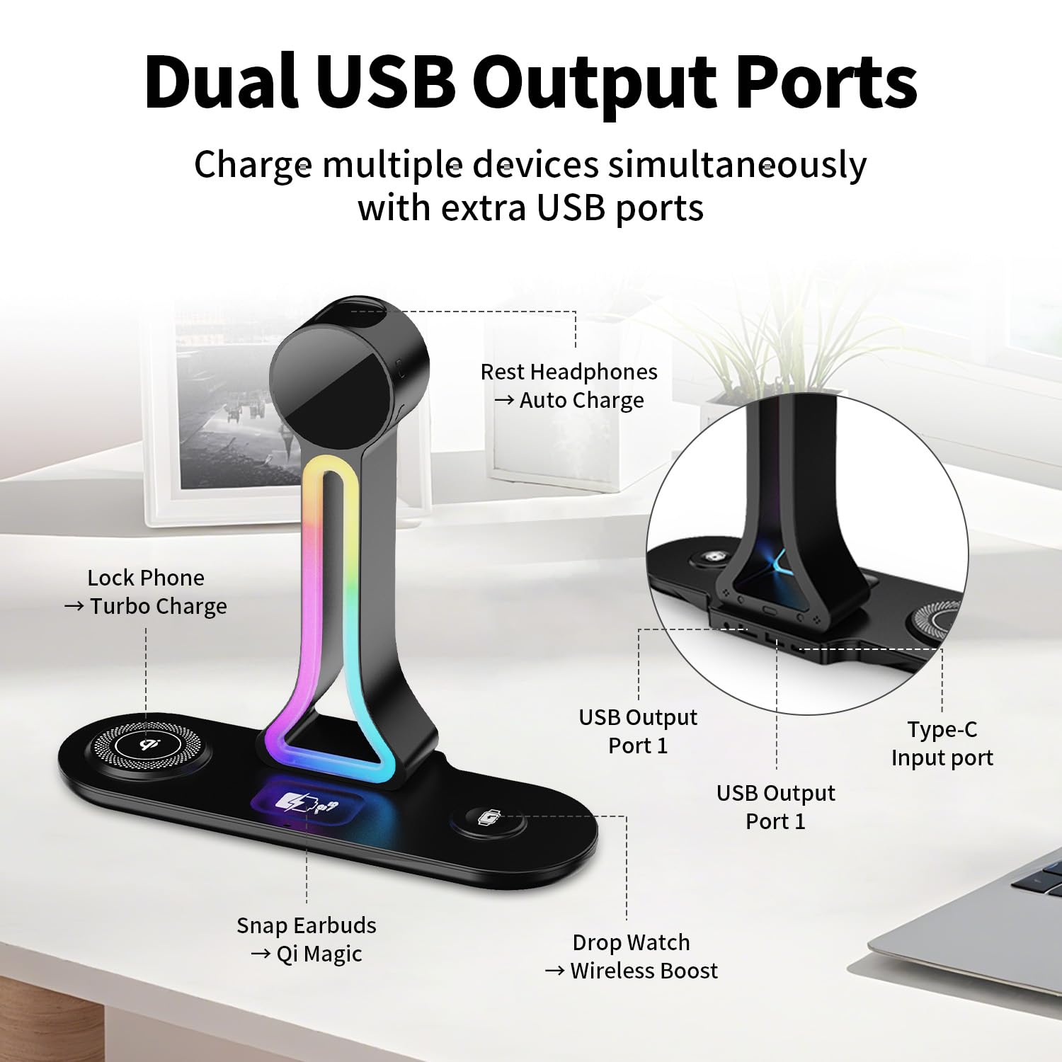 Trasforma la tua scrivania - Stazione di ricarica wireless 4 in 1 con supporto per cuffie, doppia porta USB, caricabatterie rapido da 15 W per telefono/A-irPods/A-pple Watch, luce RGB, sveglia a LED