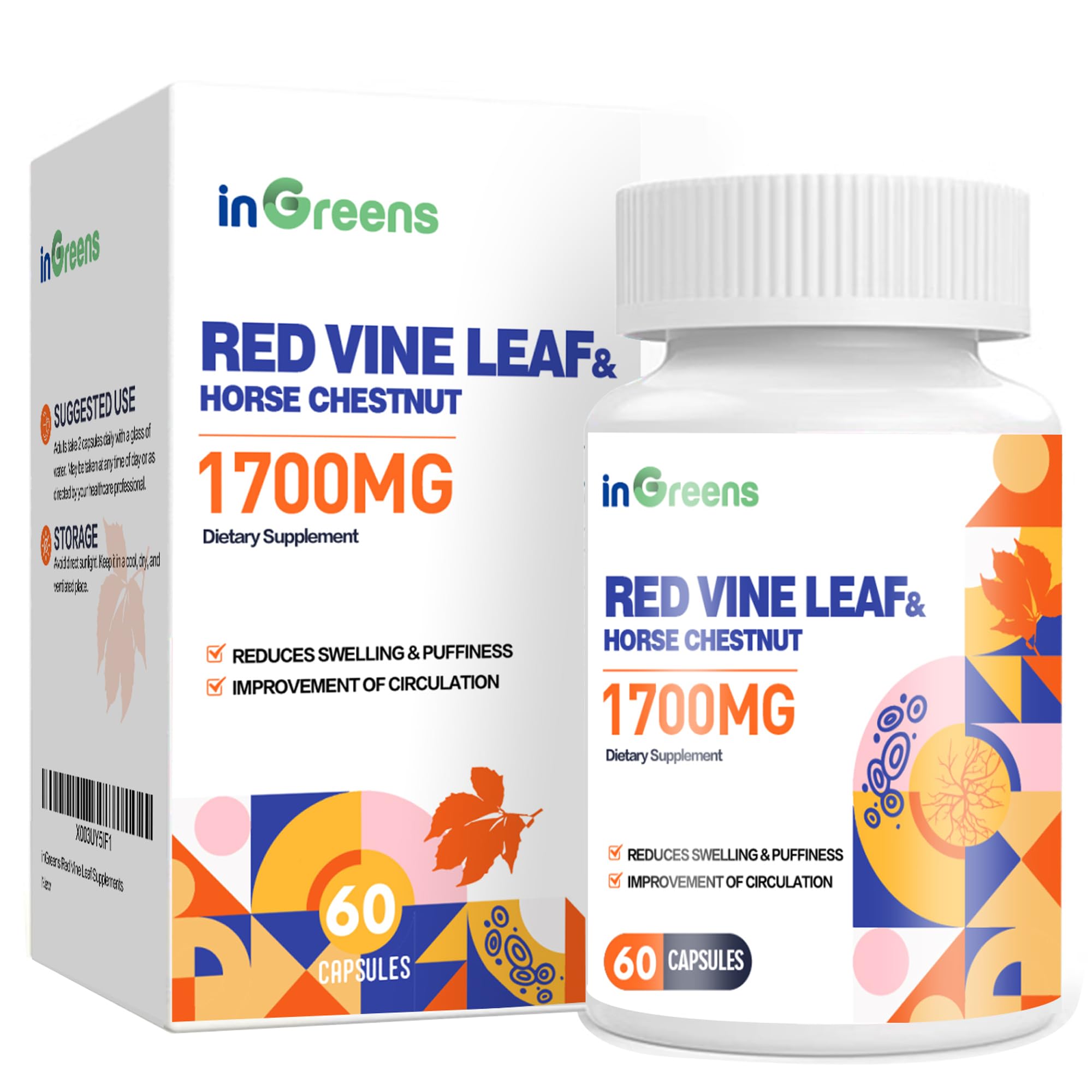 Red Vine Leaf Extract 1700mg & Horse Chestnut Extract Supplements, Supports Vein, Skin Health, Circulation for Legs(1Pack)