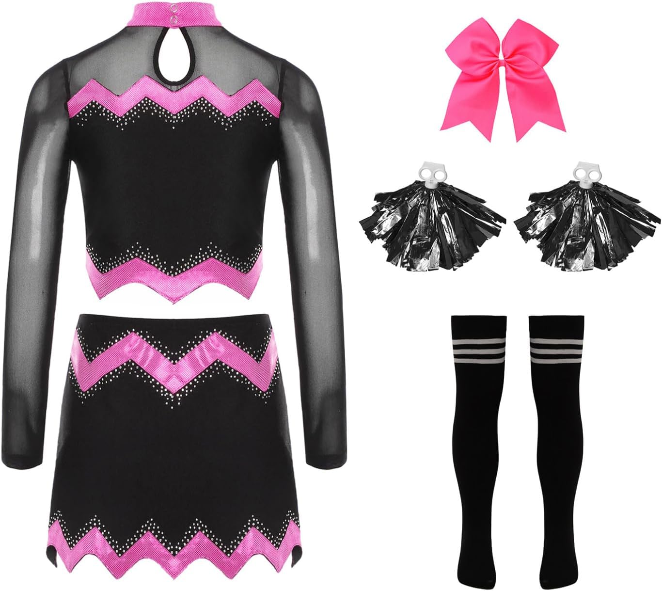 Moily Girls Cheer Leader School Uniform Musical Festival 5 Pcs Outfit Long Sleeve Crop Top with Skirts Hot Pink 10 Years