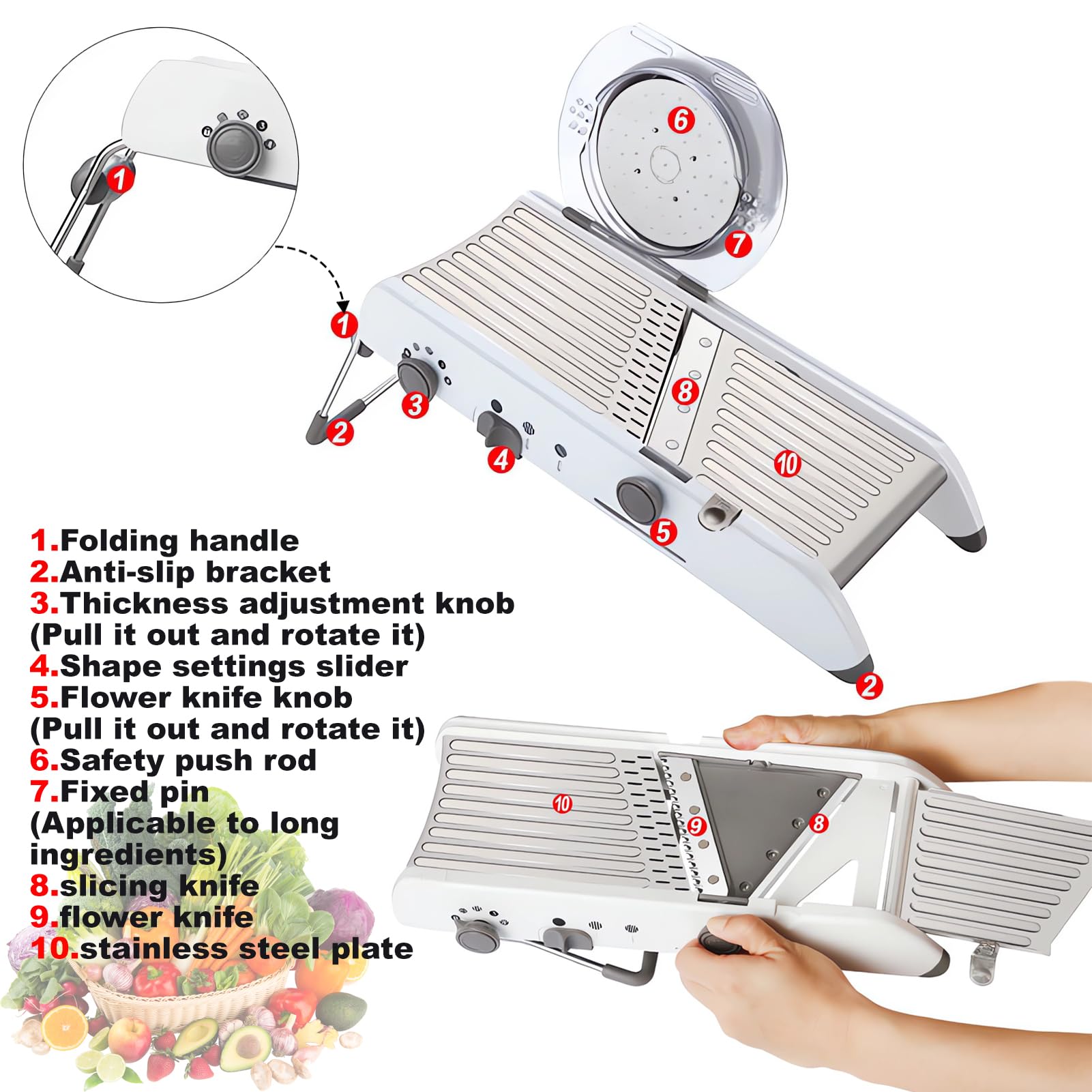 All-in-One-Mandolina per Verdure Professionale, Mandolina Affettatrice Regolabile, Taglia Verdure Manuale con Lame Regolabili Integrate, Tagliaverdure Multifunzione per Cipolla Cetriolo Carote Frutta
