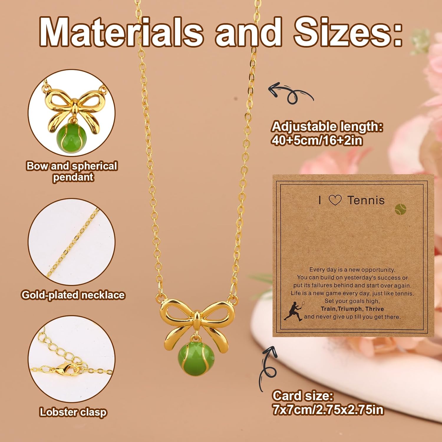 Tennis Necklaces, 40+5cm/16+2in Adjustable Bow Pendant Necklaces Sports Accessories Jewelry for Women - Image 2