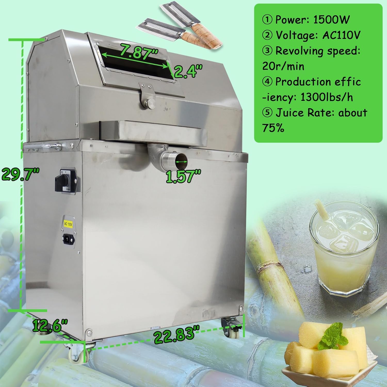 INTSUPERMAI 1500W Sugarcane Juicer Machine, Sugar Cane Crusher, 1300Lbs/H Max Capacity, 110V Commercial Electric Sugarcane Juicer with Enlarge Rectangle Feed Inlet, Stainless Steel Sugar Cane Press
