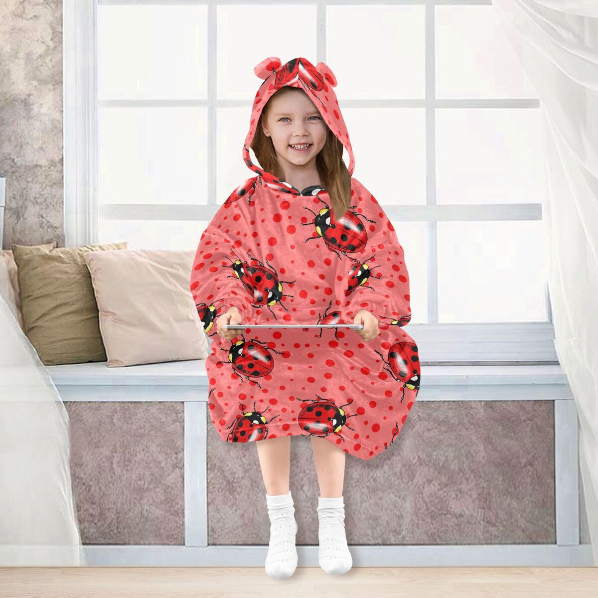 Czerwone biedronki dziecięcy koc do noszenia bluza z kapturem oversize bluza koc sweter różowy w kropki dla chłopców i dziewcząt w wieku 3-14 lat, multi, 150-170
