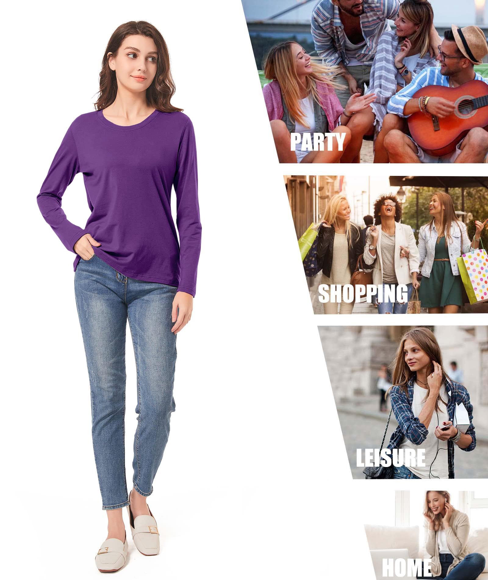 Paquete de 3 Camisetas de algodón de Manga Larga y Corta para Mujer, Camisetas de Entrenamiento para Mujer, Camisetas básicas Ajustadas, Lisas, Cuello Redondo, Negro/Blanco/Morado, S