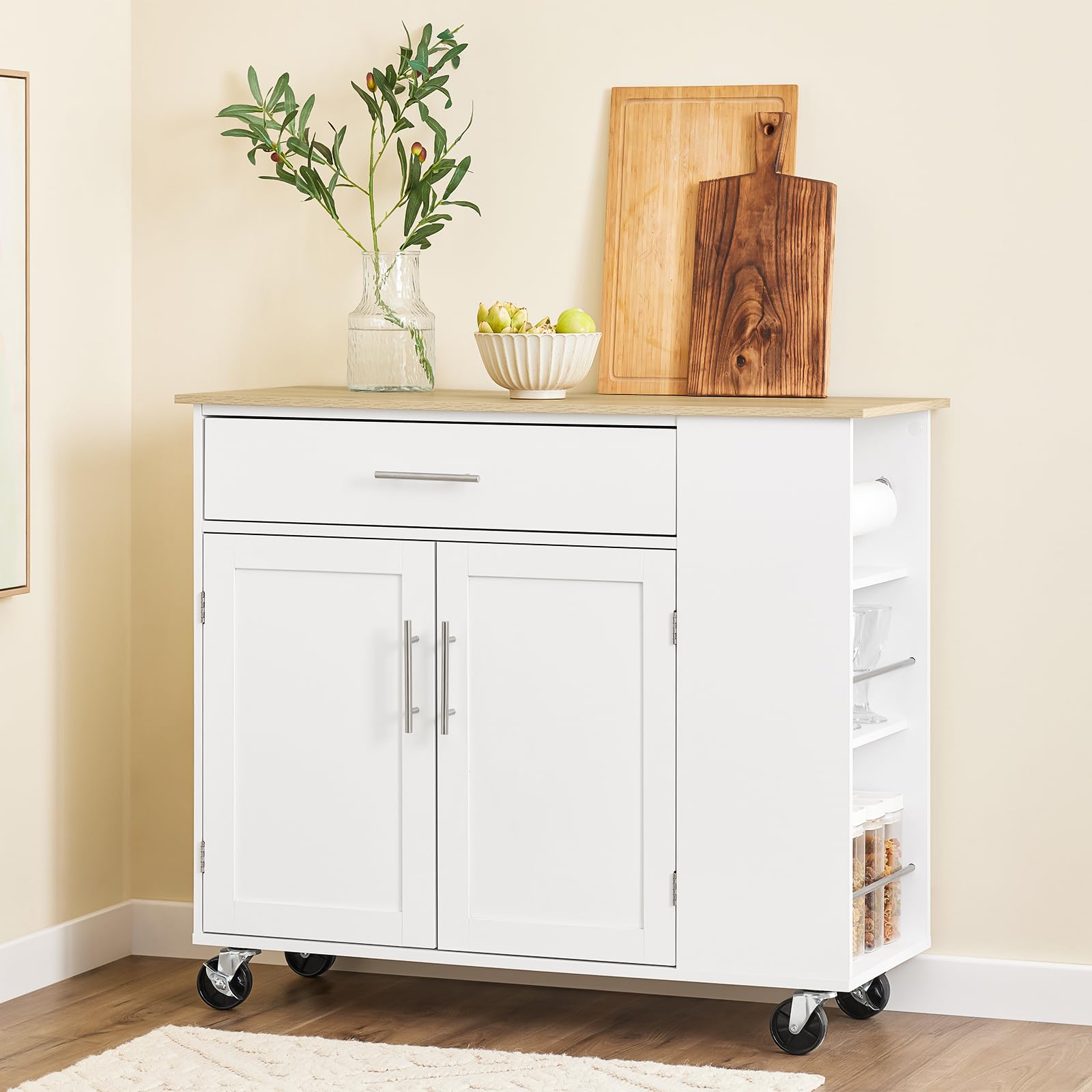 SoBuy Kücheninsel mit Arbeitsplatte, Küchenwagen mit Rollen, robuster Stauraum mit Edelstahl-Details, ideal als Servierwagen für Kaffeebar & Grillparty, für Kochliebhaber Weiß 99x85x40 cm FKW133-WN