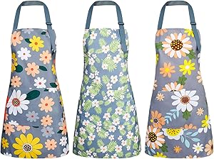 BOUMUSOE 3 Pack Floral Aprons with Pocket, Blooming Womens Aprons Waterproof Adjustable Cooking Aprons for Kitchen Gardening and Salon