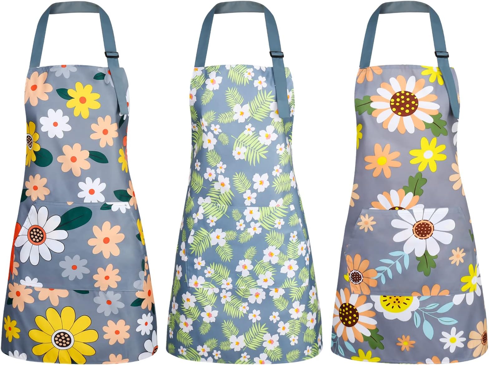 umorismo 3 Pcs Kitchen Aprons for Women Waterproof Cooking Apron with Pockets Adjustable Neck Bib Apron Floral Chef Aprons for Cooking Baking Gardening, Multicolor, Onesize