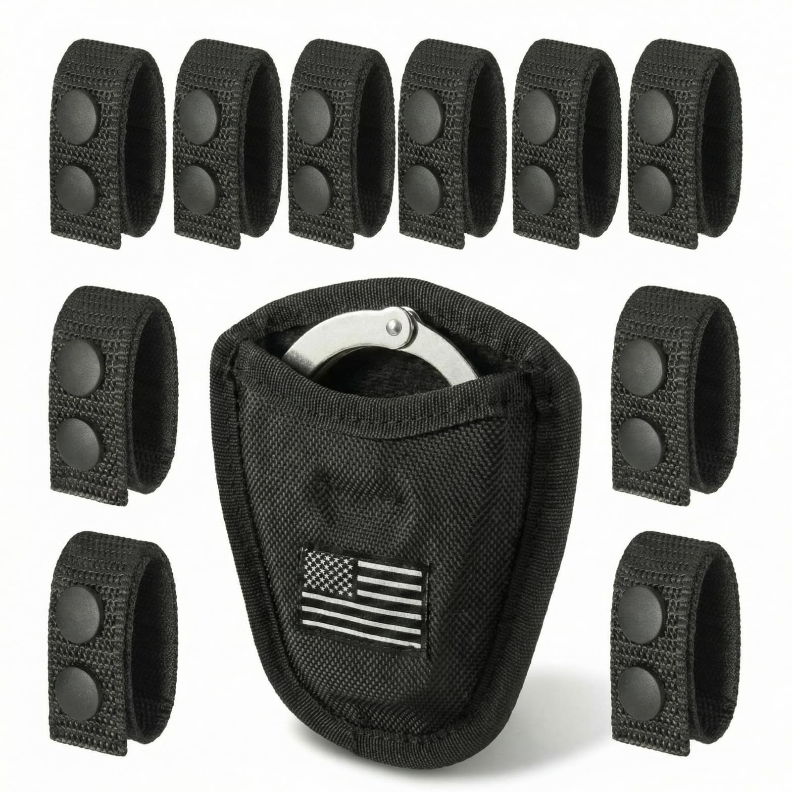 Sunnymove 11 Pcs Law Enforcement Duty Belt Accessory Set Nylon Open Top Handcuff Case Quick Release Cuff Pouch and 10 Belt Keepers for Police Law Enforcement Security Police Correctional Officer