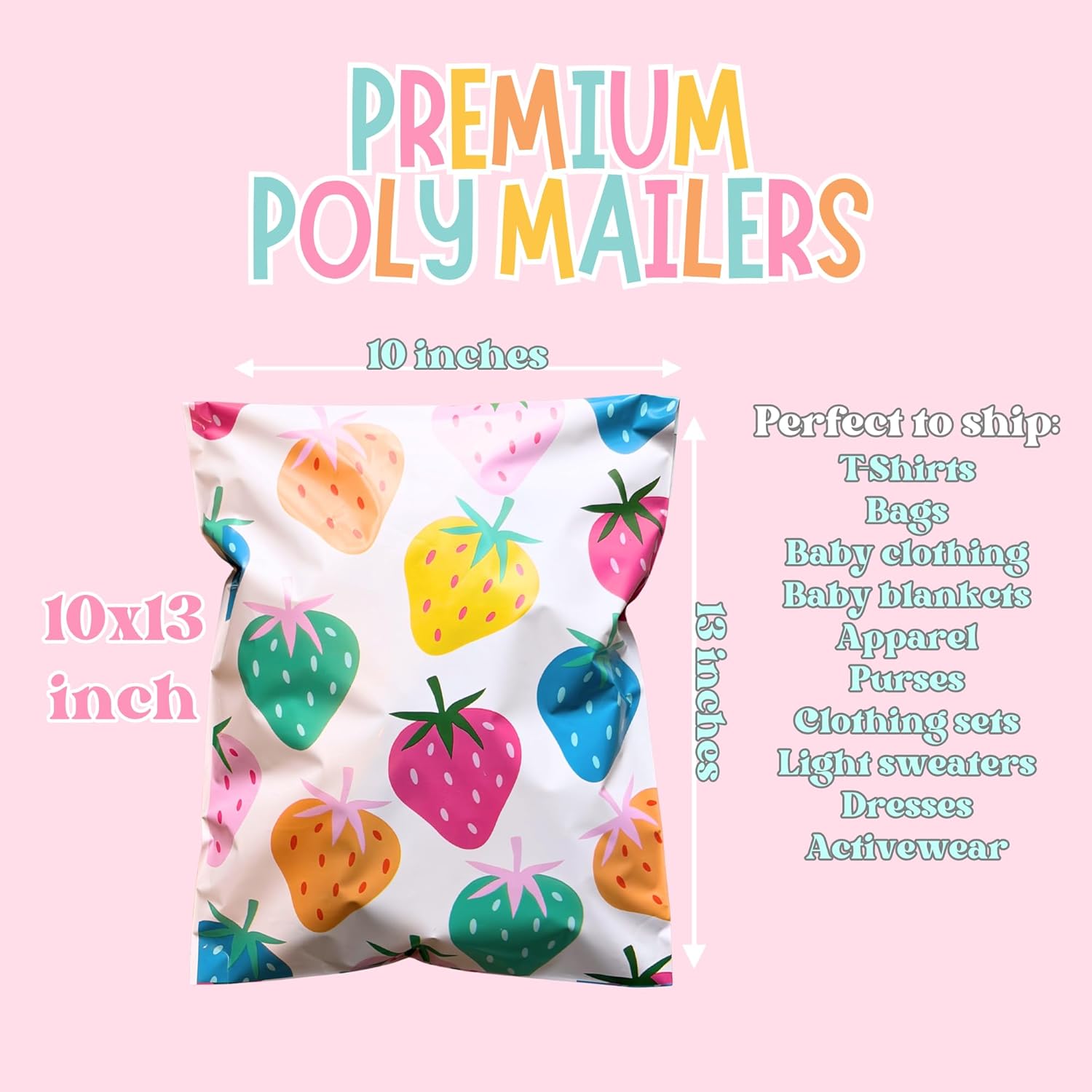 14.5x19 Colorful and Stylish 100 Pack Poly Mailer Bags with Unique Designs | Waterproof, Tear-Resistant, Durable Shipping Bag Ideal for Gifts, Small Businesses, Secure Packaging | Colorful Strawberry