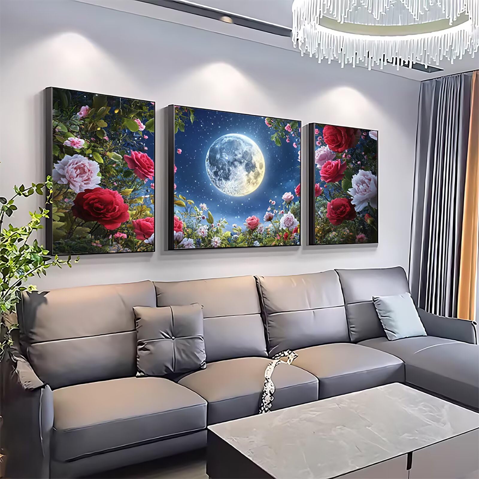 3 Pièces Peinture Numero Adulte - DIY Paysage Peinture par Numero Adultes, Inclure Acrylique et Pinceau, Loisirs Activités Numéro D'art Artisanales Paint by Numbers, Lune, 60x120cm Sans Cadre 0q-197